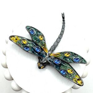 Erwin Pearl Colorful Dragonfly Brooch Enamel Gripoix Style Blue Green Insect Big